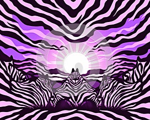 a zebra is standing in front of a purple background with the sun in the background