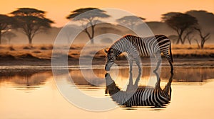 A zebra stands in water river, drinking at sunset, copy space. Generative AI