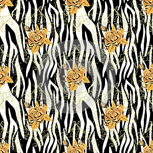 Zebra Stripes with yellow rose Florals Flowers Seamless Pattern. Zebra print, animal skin, tiger stripes, abstract pattern, line