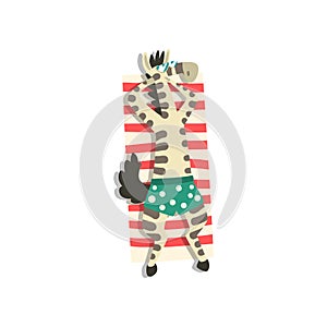 Zebra sunbathing on the beach, cute animal cartoon character relaxing on the seashore at summer vacation vector