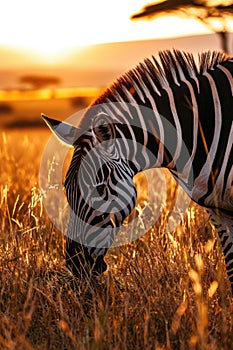 zebra at sunset drinking from a hole in the ground, in the style of impressive panoramas, sparkling water reflections