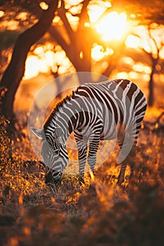 zebra at sunset drinking from a hole in the ground, in the style of impressive panoramas, sparkling water reflections