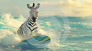 A zebra surfboarding in the ocean, enjoying the water and sky