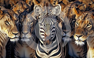 A zebra surrounded by placid lionesses