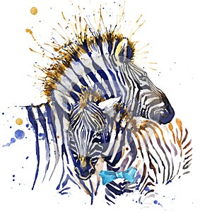 Zebra T-shirt graphics. zebra illustration with splash watercolor textured background. unusual illustration watercolor zebra