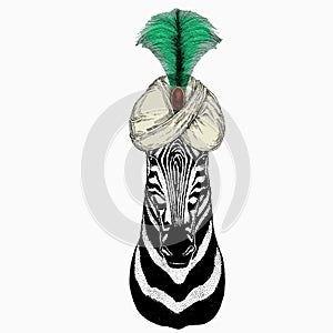 Zebra vector portrait. Head of african wild animal zebra. Animal and wizard hat. Sorcerer and magican