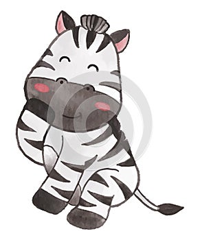 Zebra . Watercolor paint design . Cute animal cartoon character . Sitting and laughing . Vector
