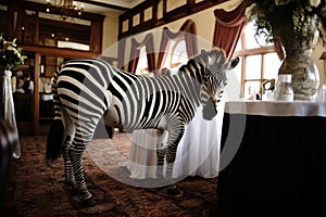 a zebra at a wedding with flowers came to congratulate the bride and groom. A wedding ceremony