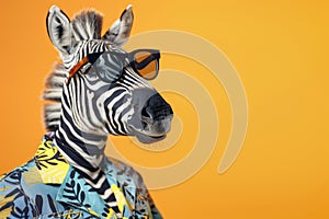 A zebra with a whimsical flair, wearing sunglasses and a patterned shirt, against orange backdrop