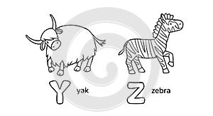 Zebra and yak. Animals ABC coloring book for kids