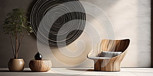 Zebrano wood lounge chair near stucco wall and abstract clay circle decor. Interior design of modern living room