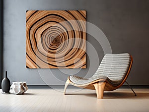 Zebrano wood lounge chair near stucco wall and abstract clay circle decor. Interior design of modern living room