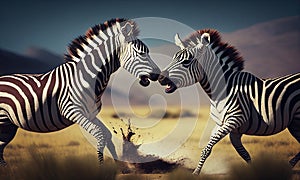 2 zebras fighting in the savanna in Africa with blurred mountain background, generative AI