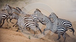 Zebras are running in the dust in motion. Kenya. Tanzania. National Park. Serengeti. Masai Mara.