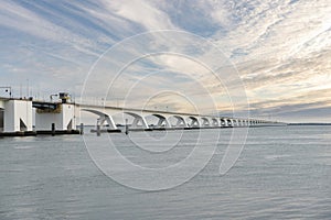 Zeeland Bridge in the Oosterschelde estuary near Zierikzee. Province of Zeeland in the Netherlands