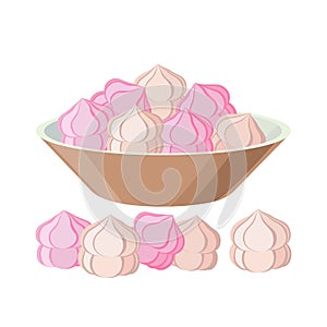 Zefir in bowl - vector illustration isolated on white background. Marshmallow pile.
