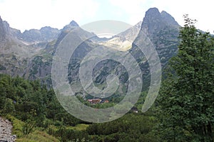 Zelene pleso chalet and Jastrabia veza peak in Zelene pleso valley in High Tatras