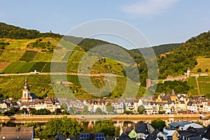 Zell an der Mosel town at Moselle river with vineyards wine in Germany