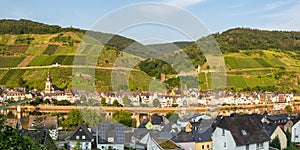 Zell an der Mosel town at Moselle river with vineyards wine panorama in Germany