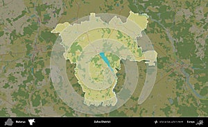 Zelva District highlighted, Belarus. Topographic Humanitarian