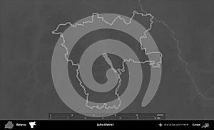 Zelva District outlined, Belarus. Grayscale