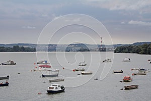 Zemun Quay Zemunski Kej in Belgrade, Serbia, on the Danube river, seen in autumn, during a cloudy afternoon.