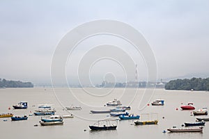 Zemun Quay Zemunski Kej in Belgrade, Serbia, on the Danube river, seen in autumn, during a misty foggy afternoon.