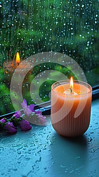 Zen ambiance aroma candle near window with raindrops in monsoon