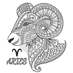 Zen art design of Aries zodiac sign for design element and coloring book page.Vector illustration