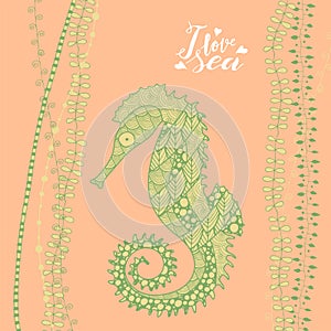 Zen art style blue seahorse with handwritten lettering I love sea