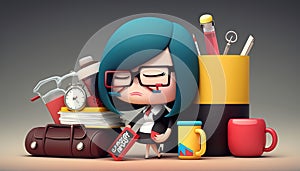 zen attitude woman organization Kawaii cartoon character business illustration task burnout stress no calm quiet plan planning