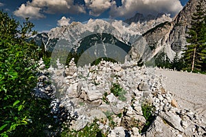 Zen balance rock towers made in Triglav Park, Slovenia