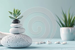 Zen Balance: Succulent Plant on Stack of Pebbles with Spa Ambiance