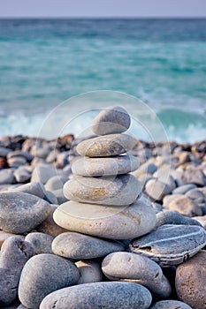 Zen balanced stones stack on beach