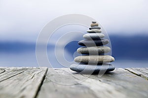 Zen Balancing Pebbles Misty Lake Concept