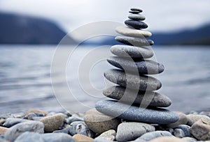 Zen balancing pebbles next to a misty lake.