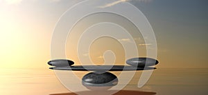 Zen balancing stones on water, sky on sunset background. 3d illustration