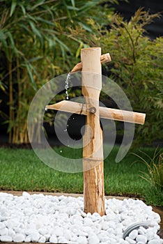 zen bamboo fountain in a japanese garden