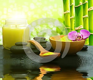 Zen basalt stones,candles, aromatic salt with green bamboo on water. Spa and Wellness concept.