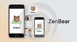 Zen Bear app interface with bear icon and phone mockups ZenBear app mobile application