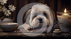 Zen Beauty Smiling Lhasa Apso Dog in Spa Studio - Generative AI