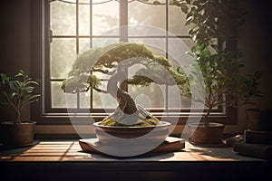 Zen bonsai potted tree on window. Generate ai