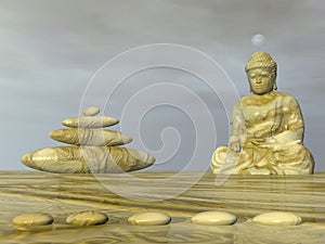 Zen Buddha meditation next to stones - 3D render