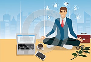 Zen businessman doing yoga meditation on the desk in office