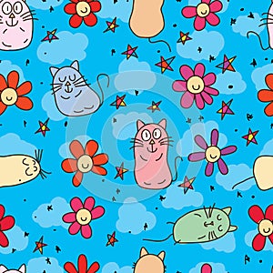 Zen cat stain mental style seamless pattern