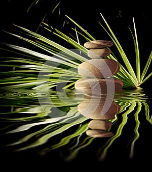 Zen composition with balancing pebbles and Palm tree leaves