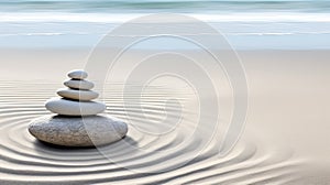 Zen concept, meditative elements - arranged stones, sand patterns, balance and harmony,