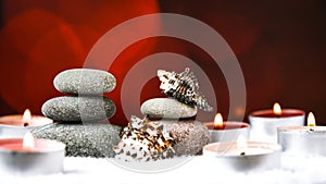 Zen concept, spa pebbles stones and burning aroma candles sea shells, Treatment aromatherapy and massage copy space