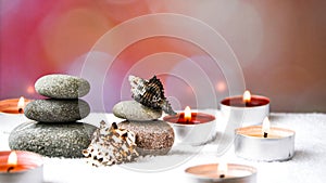 Zen concept, spa pebbles stones and burning aroma candles sea shells, Treatment aromatherapy and massage copy space