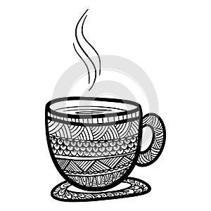 Zen doodle art cup with hot steam. Zentangle style for the adult coloring book on white background. A ntistress Hand